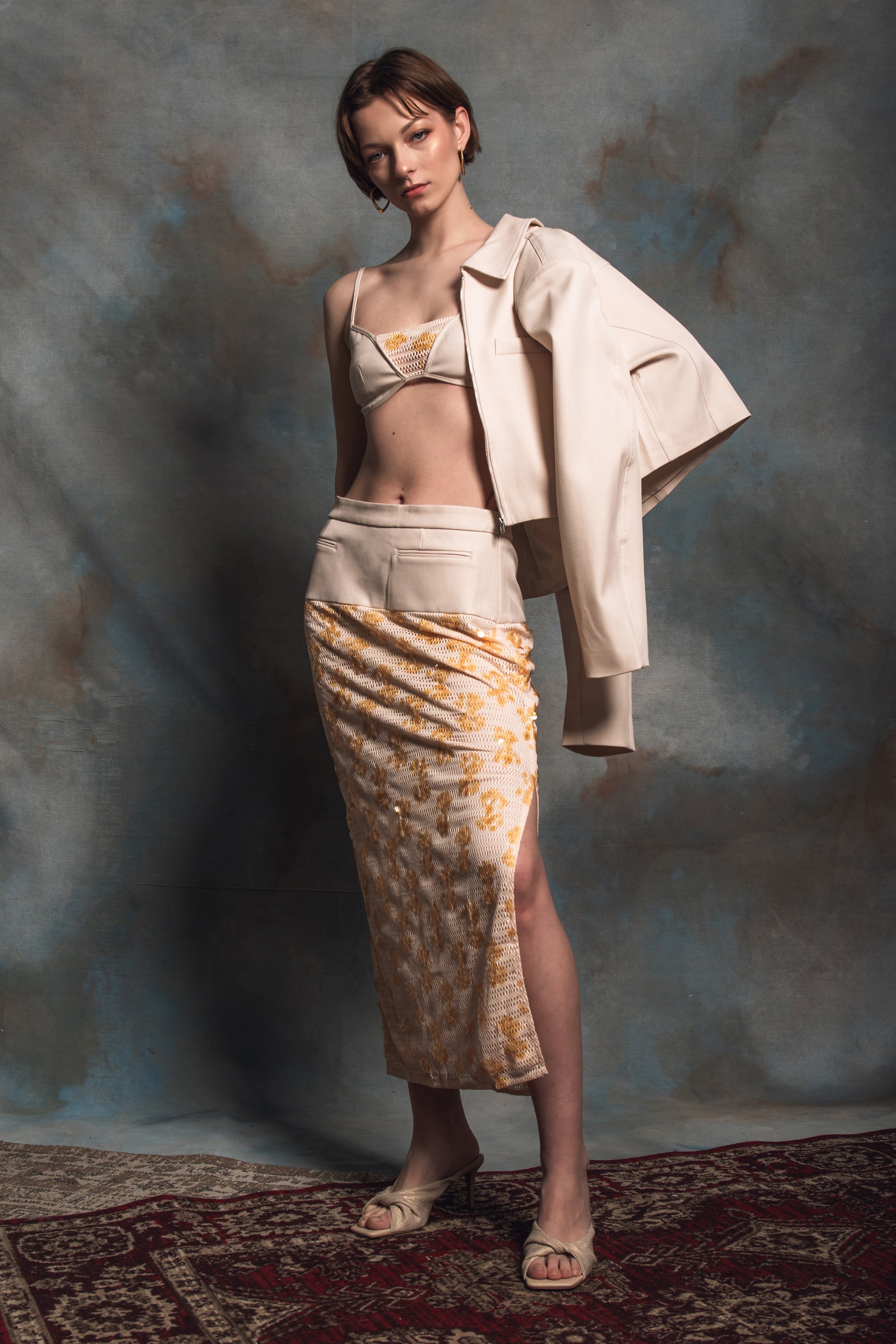 Kakia Ecru Sequin Midi Skirt